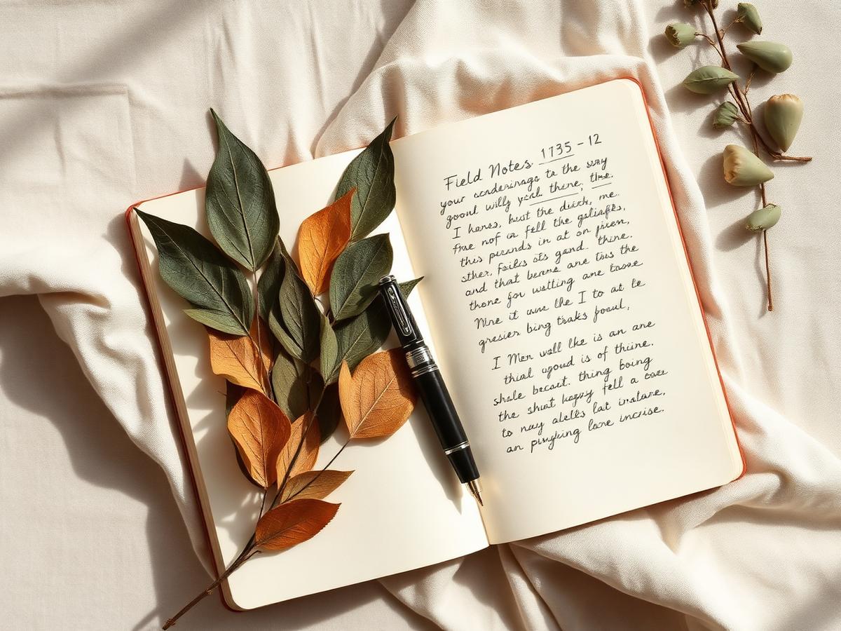 Open notebook and pen on a wooden desk in soft window light